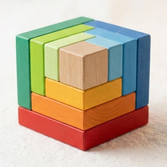 BrainyTots Montessori Geometric Rainbow Blocks – Shape & Balance Building Set for toddlers aged 24+ months. This colorful wooden block set helps children explore shapes, balance, stacking, spatial awareness, problem-solving, creativity, hand-eye coordination, and fine motor skills through Montessori-inspired open-ended play.