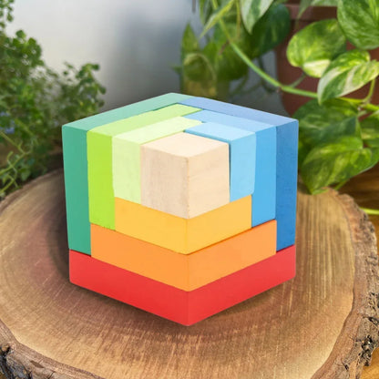 BrainyTots Wooden Cube Puzzle for kids aged 24+ months. Montessori wooden building blocks that improve spatial awareness, logical thinking, fine motor skills, creativity, problem-solving, and hand-eye coordination while encouraging open-ended construction play.
