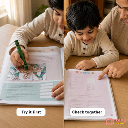 Child completing a Gita activity while a parent helps check the answers for a shared learning session.