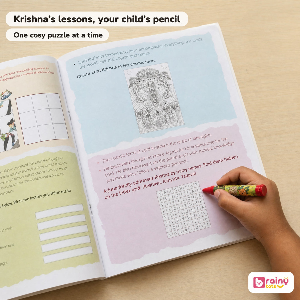 Child completing a Krishna word search activity from the Gita Activities for Kids book.