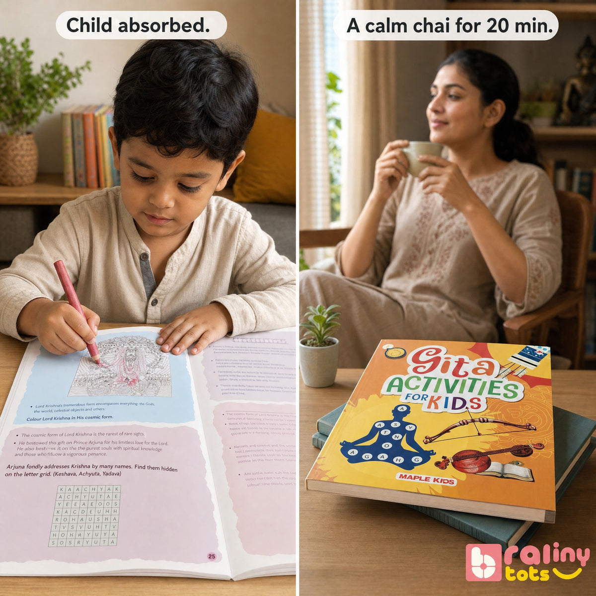 Child colouring a Krishna activity page from the Gita Activities for Kids book while a parent enjoys a quiet break.