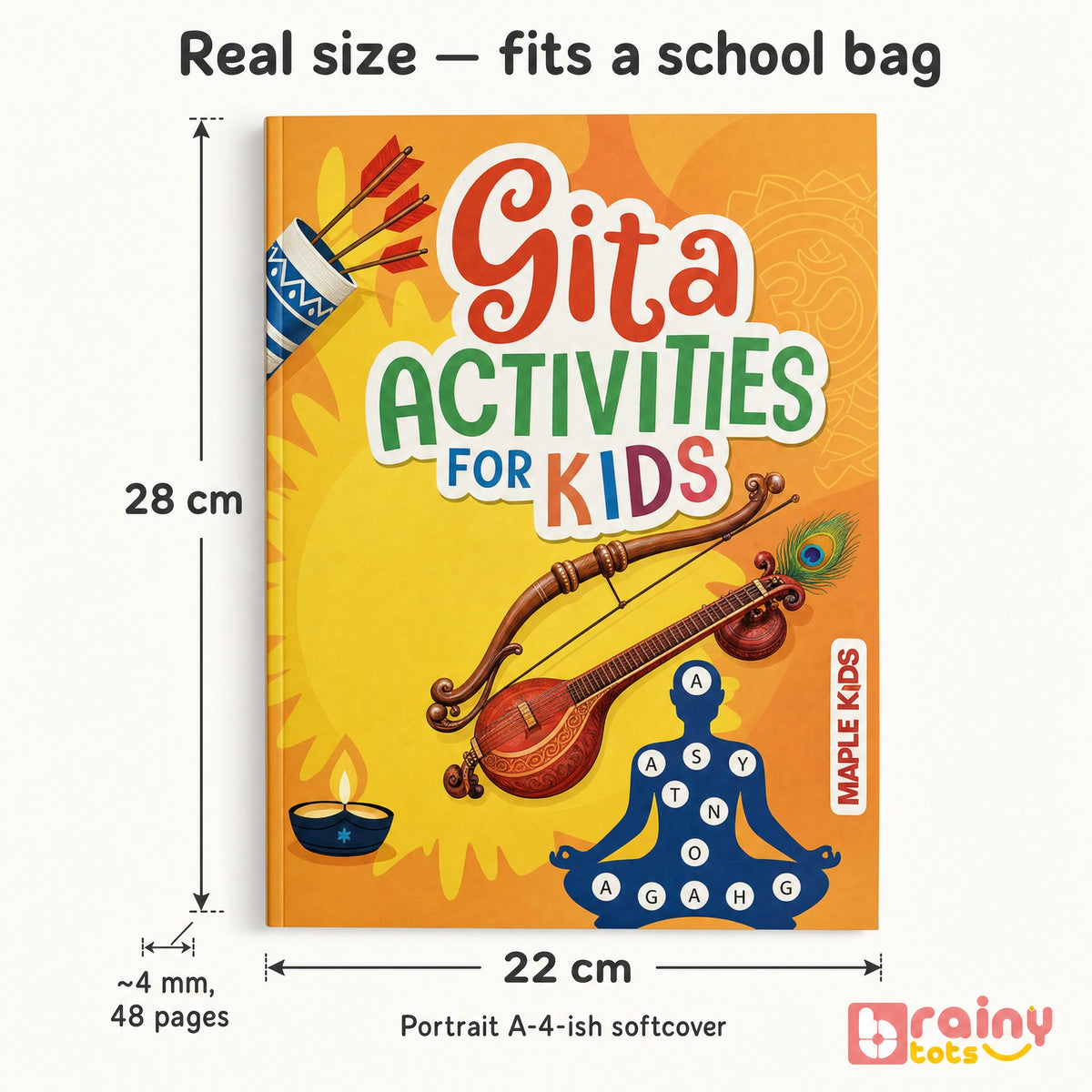 Gita Activities for Kids book showing its 28 cm by 22 cm portrait size and approximately 48-page softcover format.