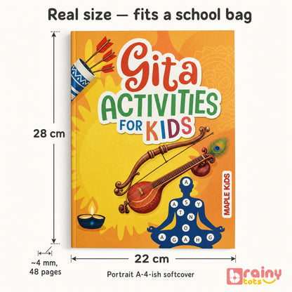 Gita Activities for Kids book showing its 28 cm by 22 cm portrait size and approximately 48-page softcover format.