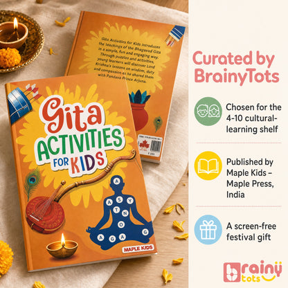 BrainyTots curated Gita Activities for Kids book presented as a screen-free cultural learning and festival gift for ages 4–10.
