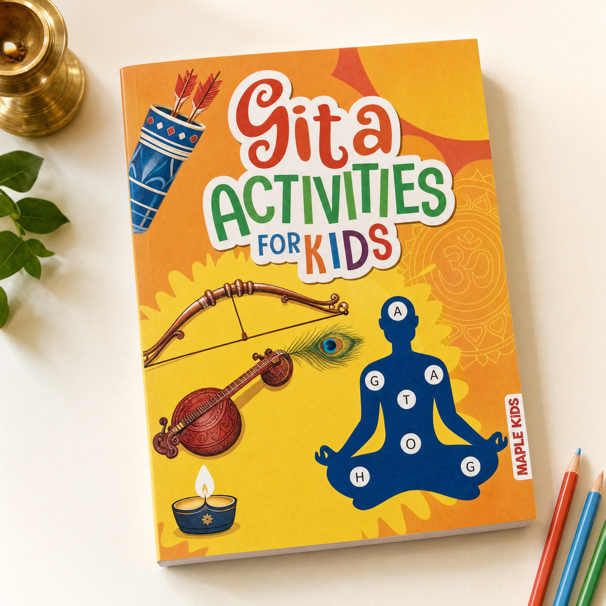 BrainyTots Gita Activities for Kids book featuring Krishna, Indian mythology, and colourful screen-free activities.