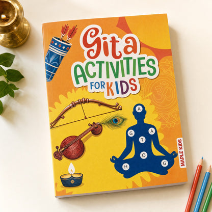 BrainyTots Gita Activities for Kids book featuring Krishna, Indian mythology, and colourful screen-free activities.