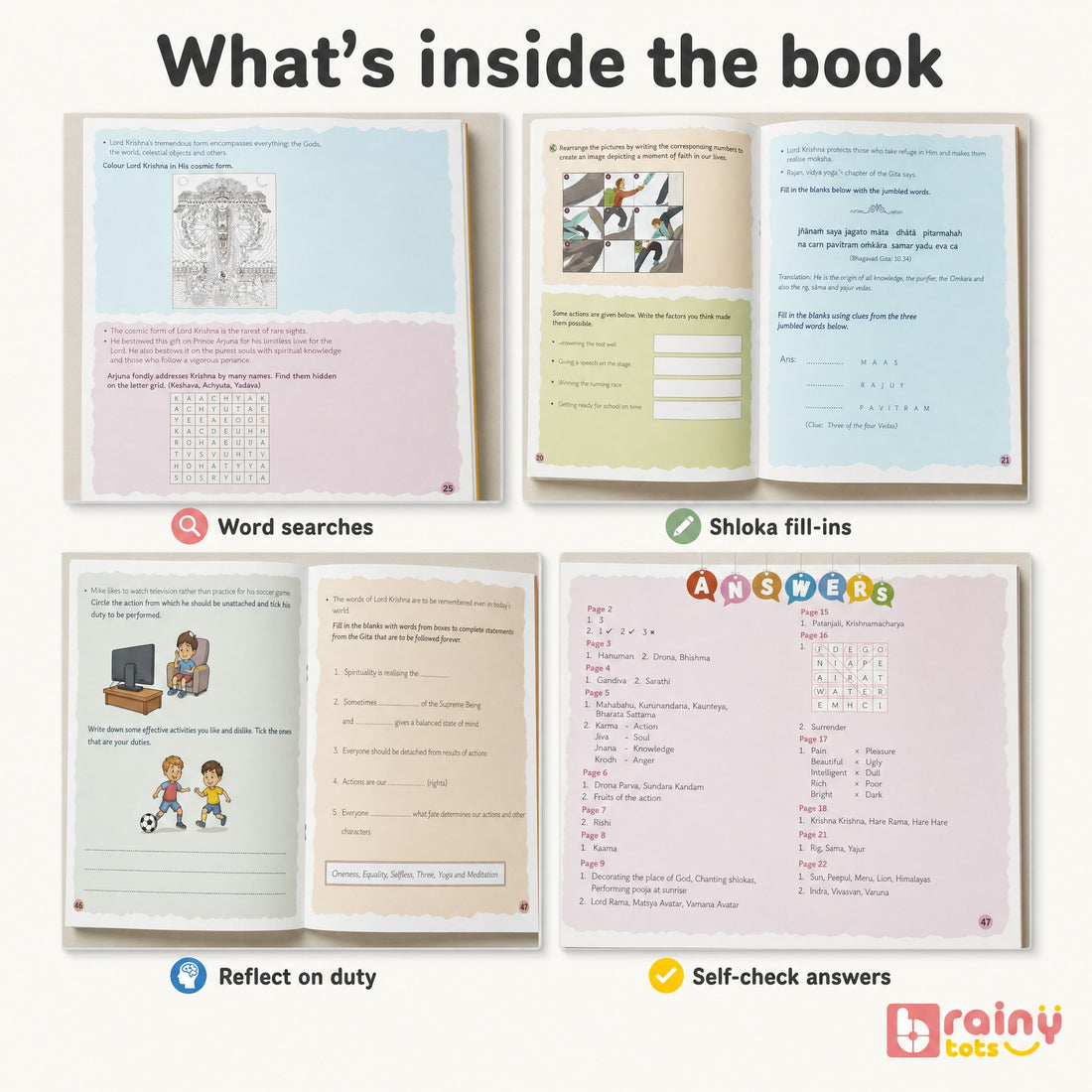Inside pages of Gita Activities for Kids showing word searches, Sanskrit shloka fill-ins, duty reflections, and answer keys.