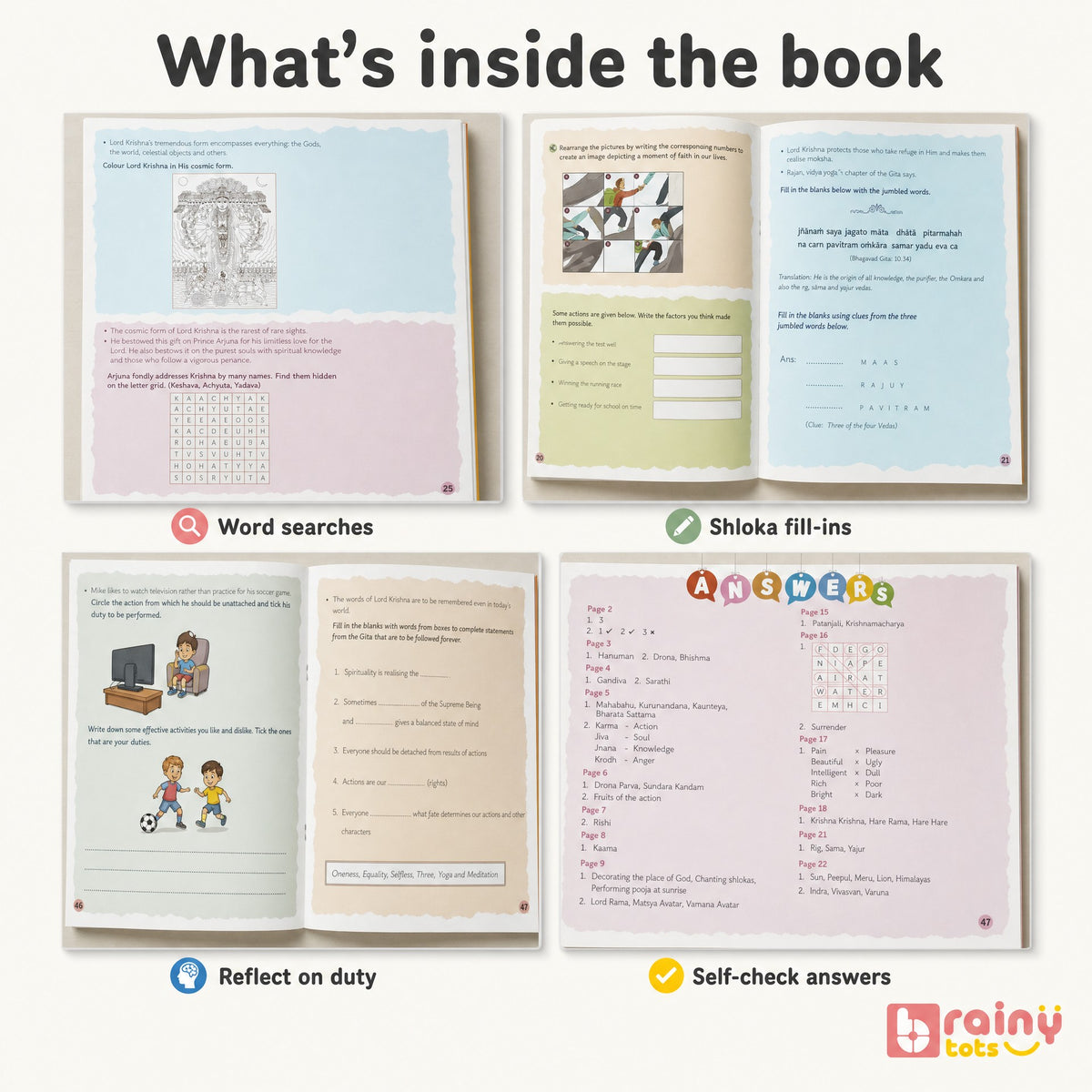 Inside pages of Gita Activities for Kids showing word searches, Sanskrit shloka fill-ins, duty reflections, and answer keys.