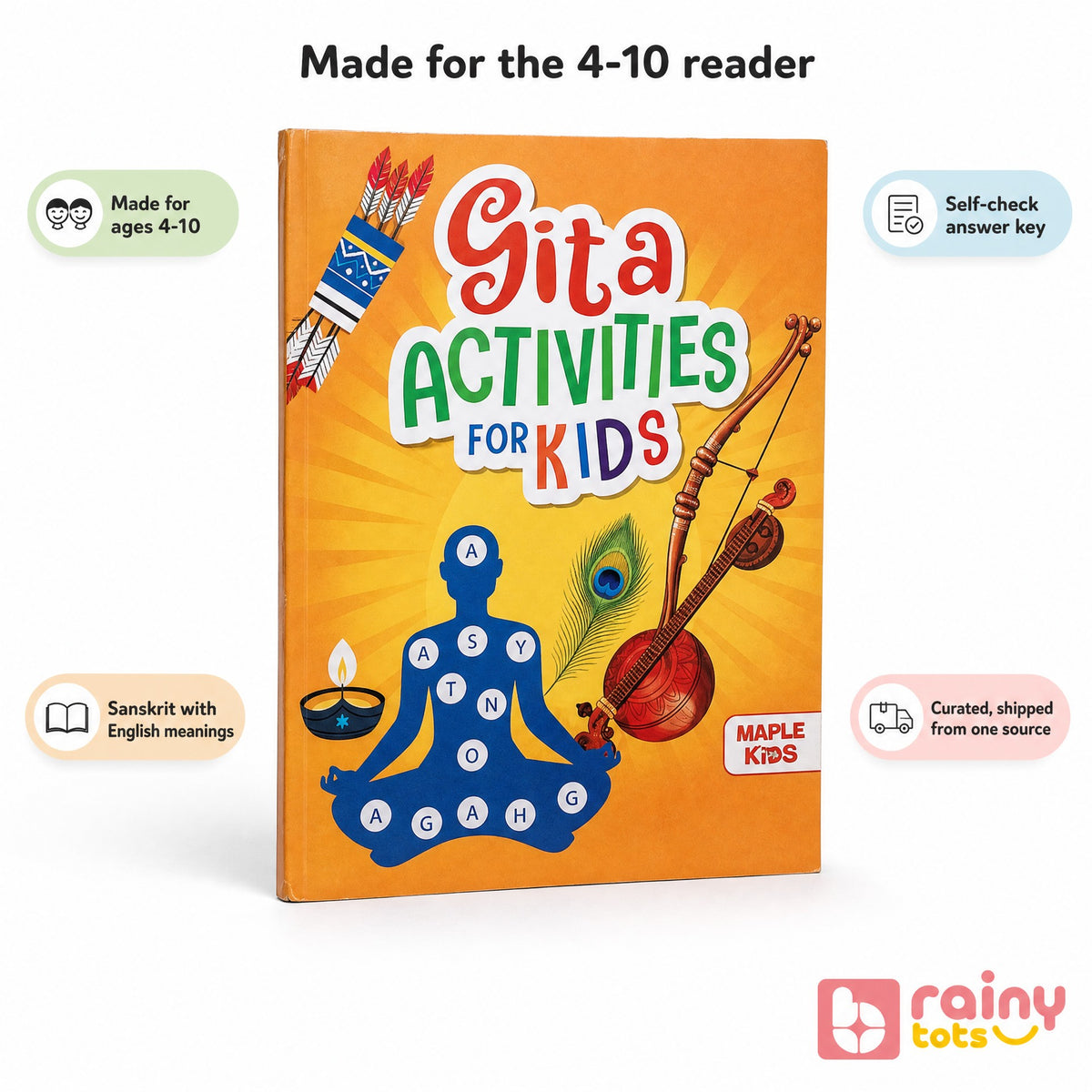 Gita Activities for Kids book highlighting ages 4–10, Sanskrit with English meanings, and a self-check answer key.