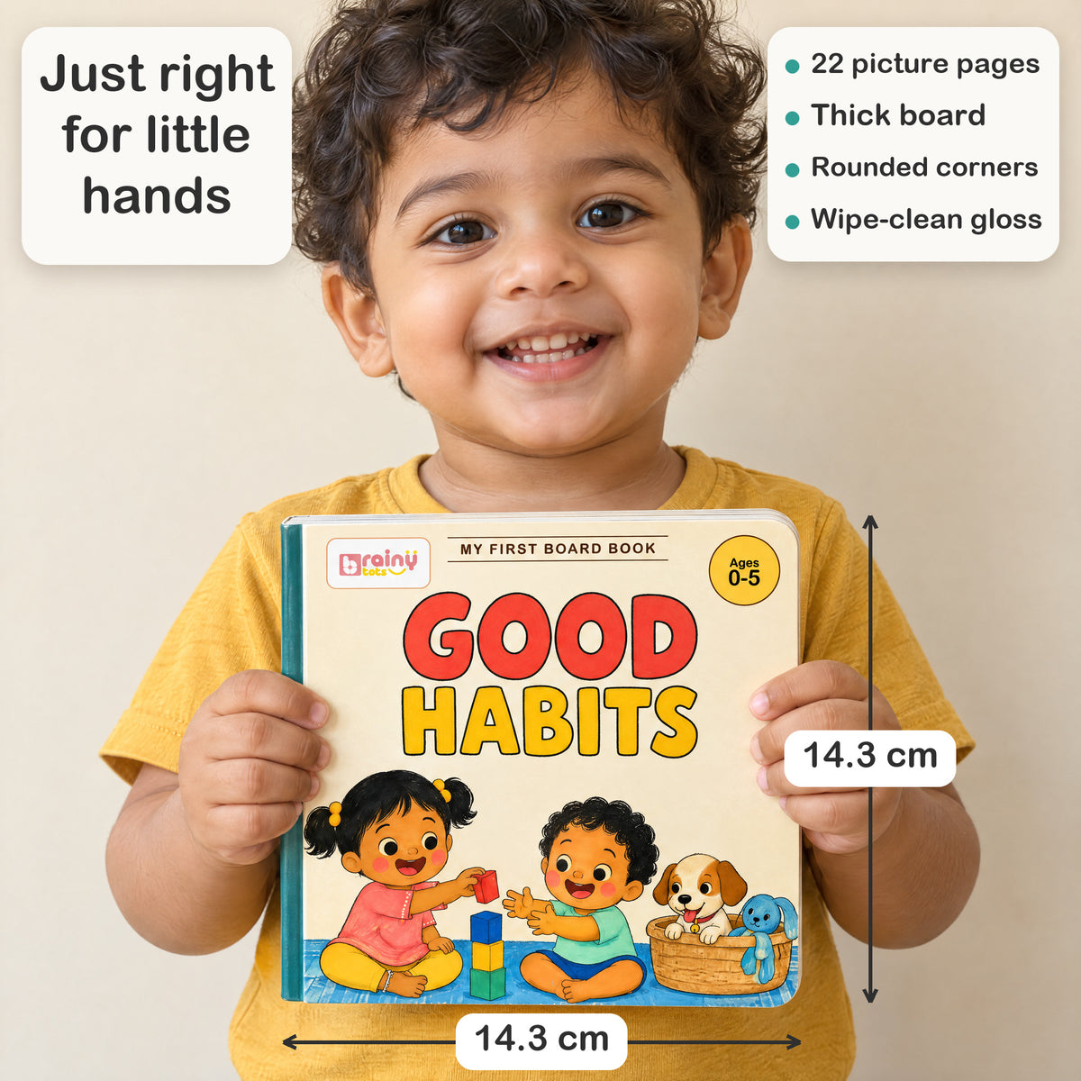 Good Habits with 3 Magic Words board book for kids 0–5 years: size in hands
