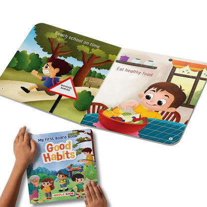Toddler exploring the BrainyTots Good Habits Board Book featuring colorful stories about reaching school on time and eating healthy food to encourage positive daily routines and healthy habits for children aged 1–4 years.