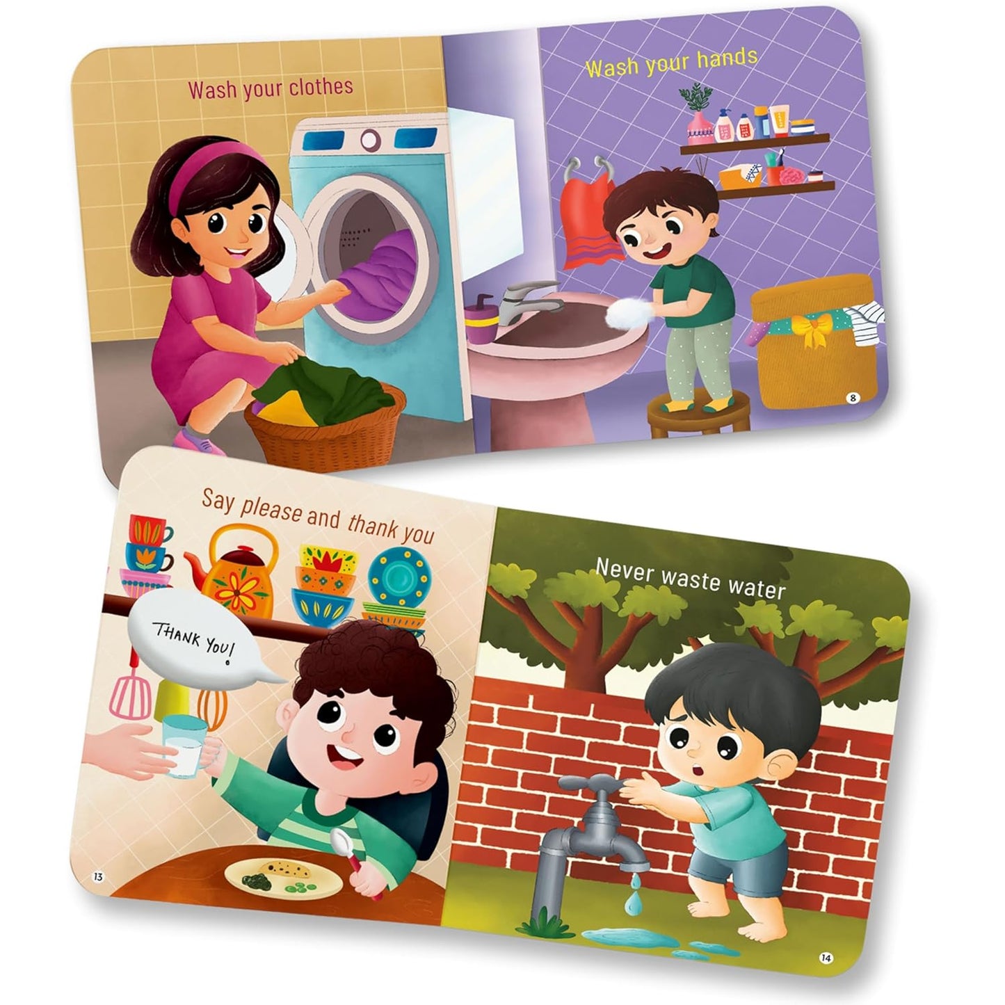 Inside pages of the BrainyTots Good Habits Board Book teaching toddlers everyday routines such as washing hands, washing clothes, saying please and thank you, and saving water through colorful illustrations for children aged 1–4 years.
