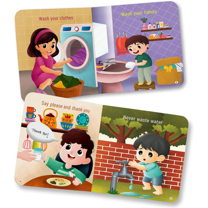 Inside pages of the BrainyTots Good Habits Board Book teaching toddlers everyday routines such as washing hands, washing clothes, saying please and thank you, and saving water through colorful illustrations for children aged 1–4 years.