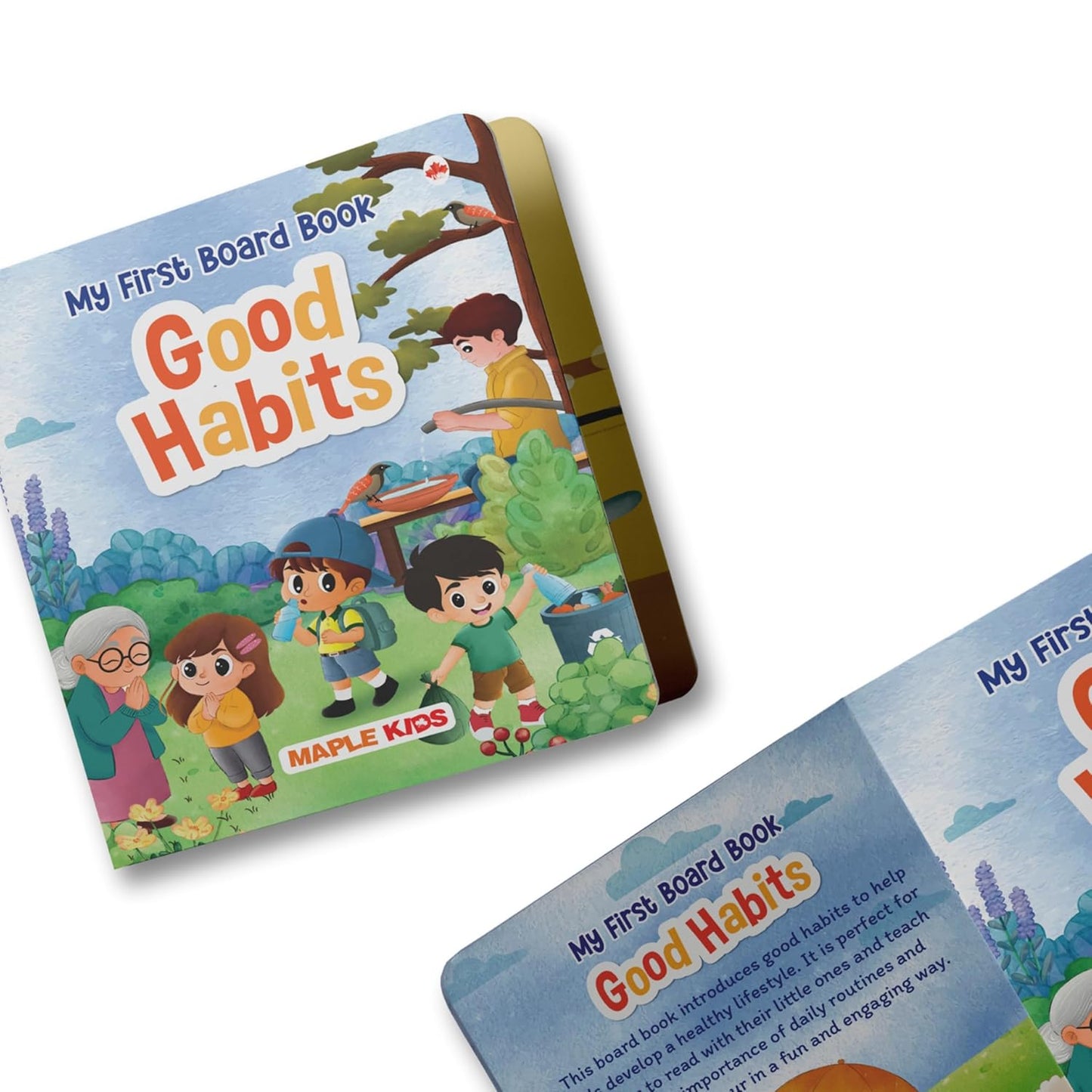Front and back cover of the BrainyTots Good Habits Board Book designed to introduce toddlers to healthy daily routines, positive behaviour, and good manners through colorful illustrations for children aged 1–4 years.