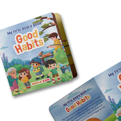 Front and back cover of the BrainyTots Good Habits Board Book designed to introduce toddlers to healthy daily routines, positive behaviour, and good manners through colorful illustrations for children aged 1–4 years.