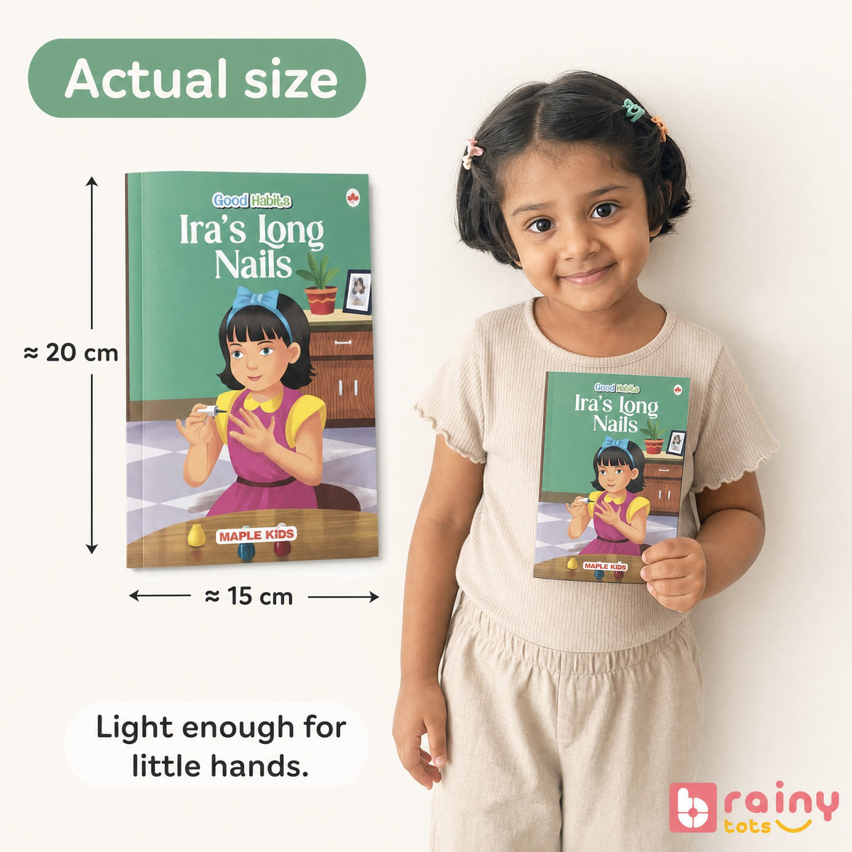 BrainyTots Good Habits board book shown at approximately 20 cm by 15 cm beside a child for size reference.