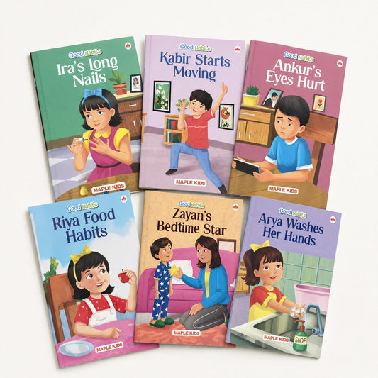 BrainyTots Good Habits board book set featuring six illustrated stories about hygiene, exercise, screen time, bedtime, nail care, and healthy eating.