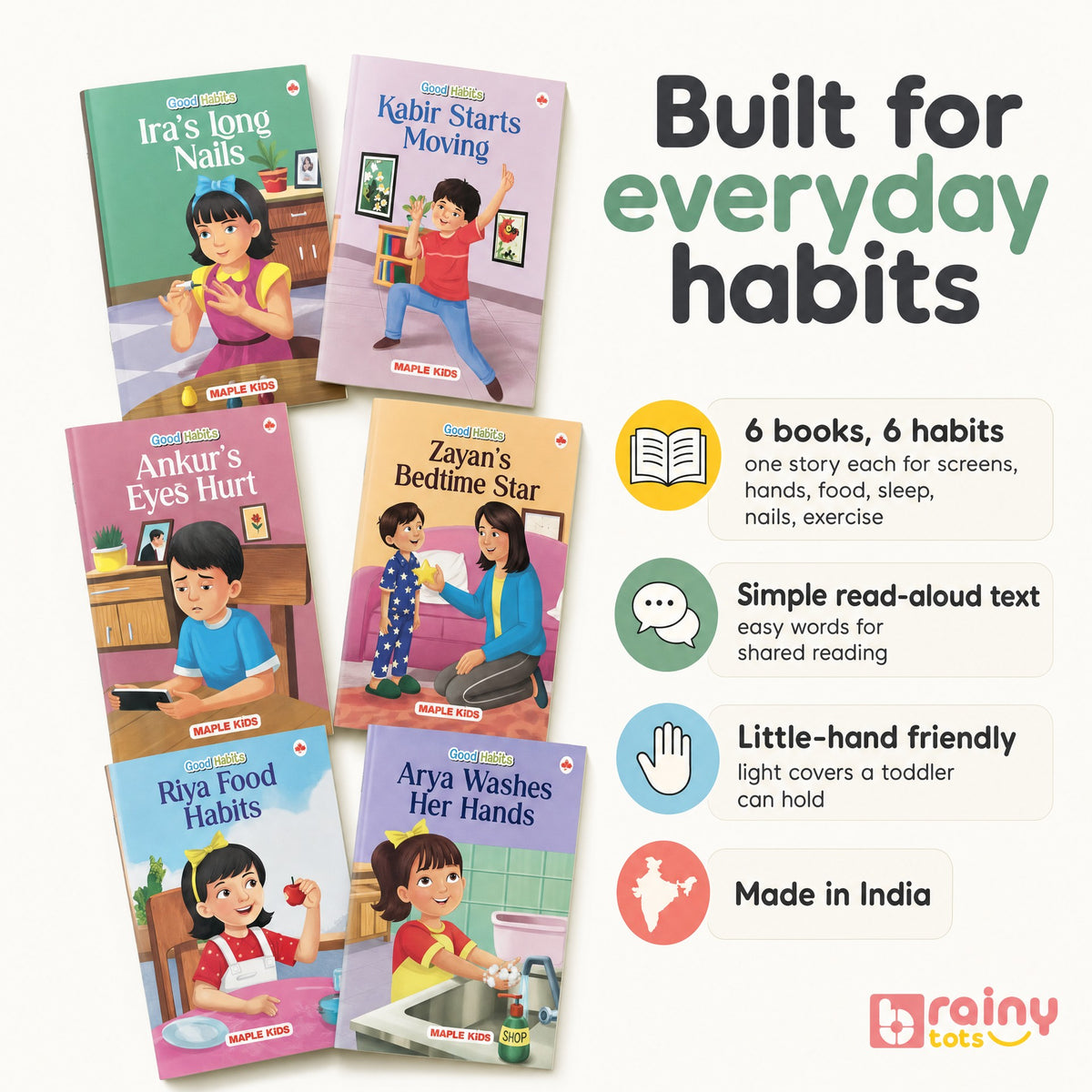 BrainyTots Good Habits board books teaching everyday routines through six illustrated stories with simple read-aloud text.