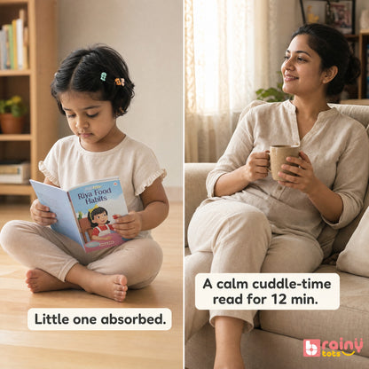 Young child independently looking through a Good Habits board book while a parent enjoys a quiet moment nearby.