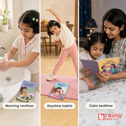Children using Good Habits stories to explore morning routines, daytime healthy habits, and calm bedtime reading.