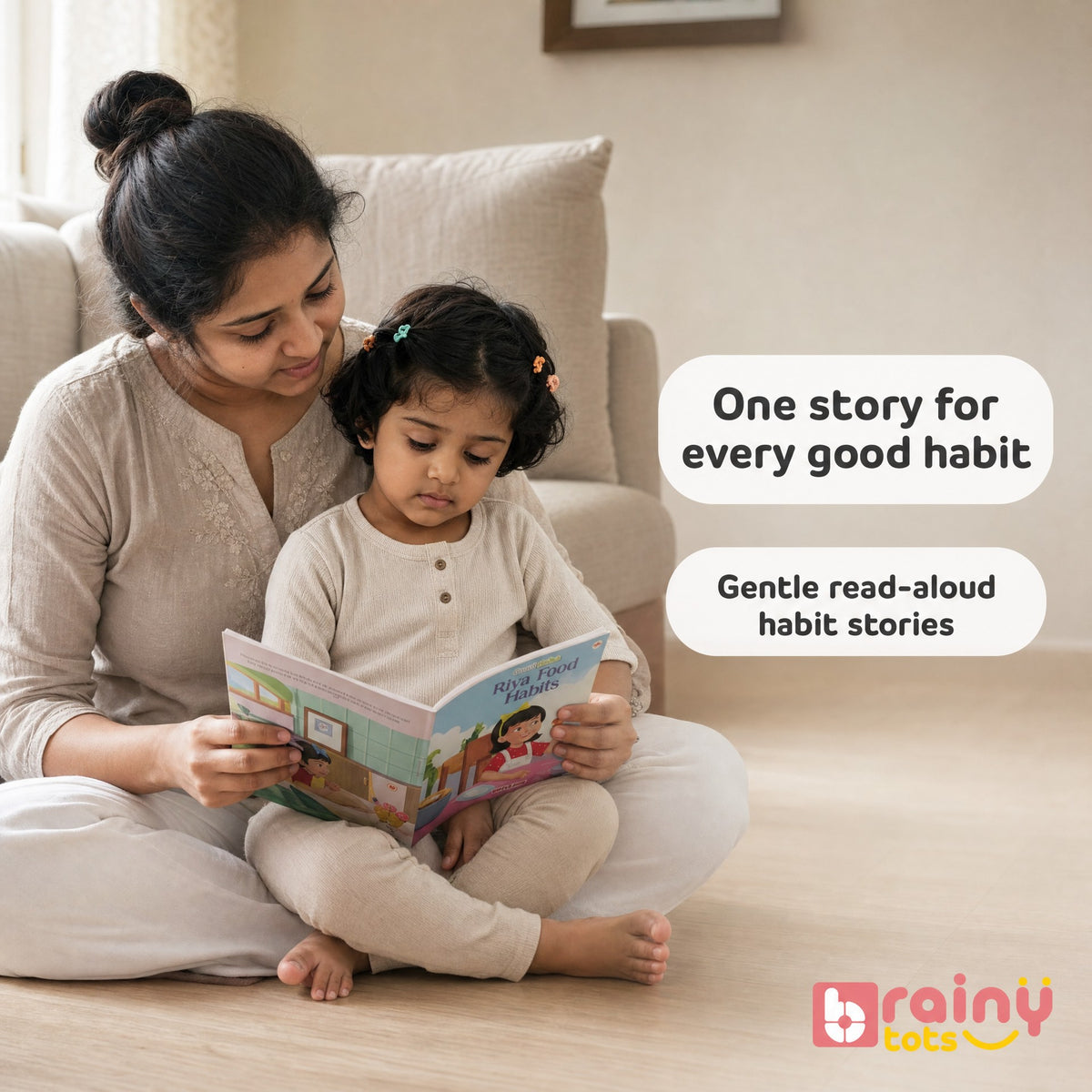 Parent reading a Good Habits board book with a toddler during a calm shared reading session.