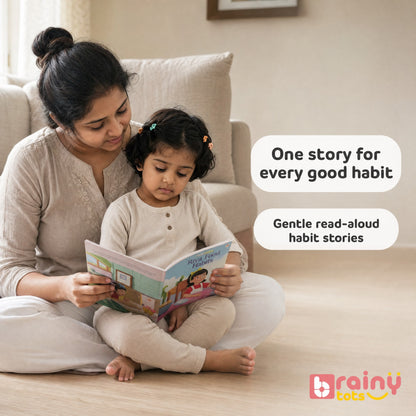 Parent reading a Good Habits board book with a toddler during a calm shared reading session.
