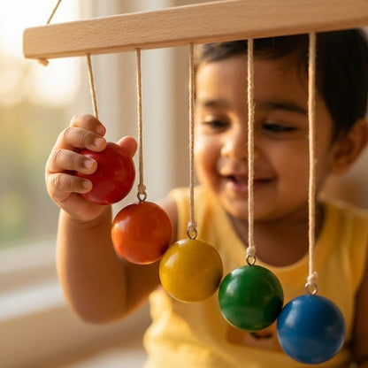Baby interacting with the BrainyTots Hang and Hit Height Ball by grasping colorful wooden balls, supporting fine motor skills, hand-eye coordination, sensory exploration, and cause-and-effect learning through Montessori-inspired play.