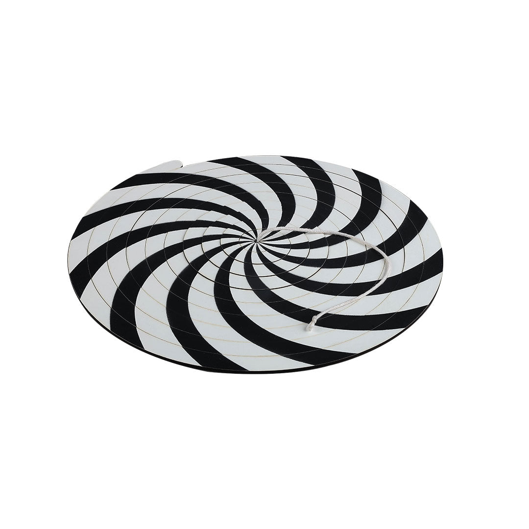High-contrast black-and-white side of the BrainyTots Dual-Sided Spiral Hanging Mobile designed for newborn visual development. This Montessori-inspired natural wooden baby mobile encourages early visual tracking, focus, concentration, and sensory stimulation for babies aged 0–3 months as their eyesight begins to develop.