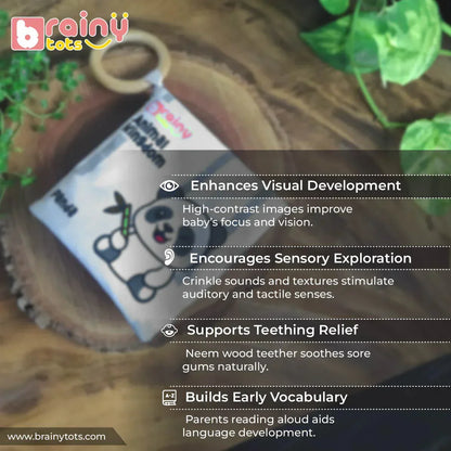 BrainyTots Montessori High-Contrast Cloth Book – Early Seeing & Calm Play Book for newborns aged 0–12 months. This soft jungle-themed crinkle sensory book with a natural Neem wood teether enhances visual development, encourages sensory exploration, soothes teething discomfort, and supports early vocabulary and language development through Montessori-inspired play.


