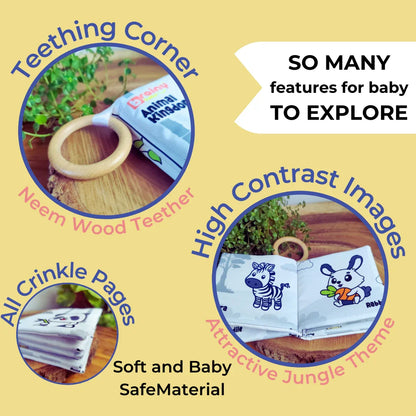 BrainyTots Montessori High-Contrast Cloth Book – Early Seeing & Calm Play Book featuring a natural Neem wood teether, bold high-contrast jungle illustrations, interactive crinkle pages, and soft baby-safe fabric. Designed for newborns aged 0–12 months to encourage visual development, sensory exploration, teething relief, and early learning through Montessori play.