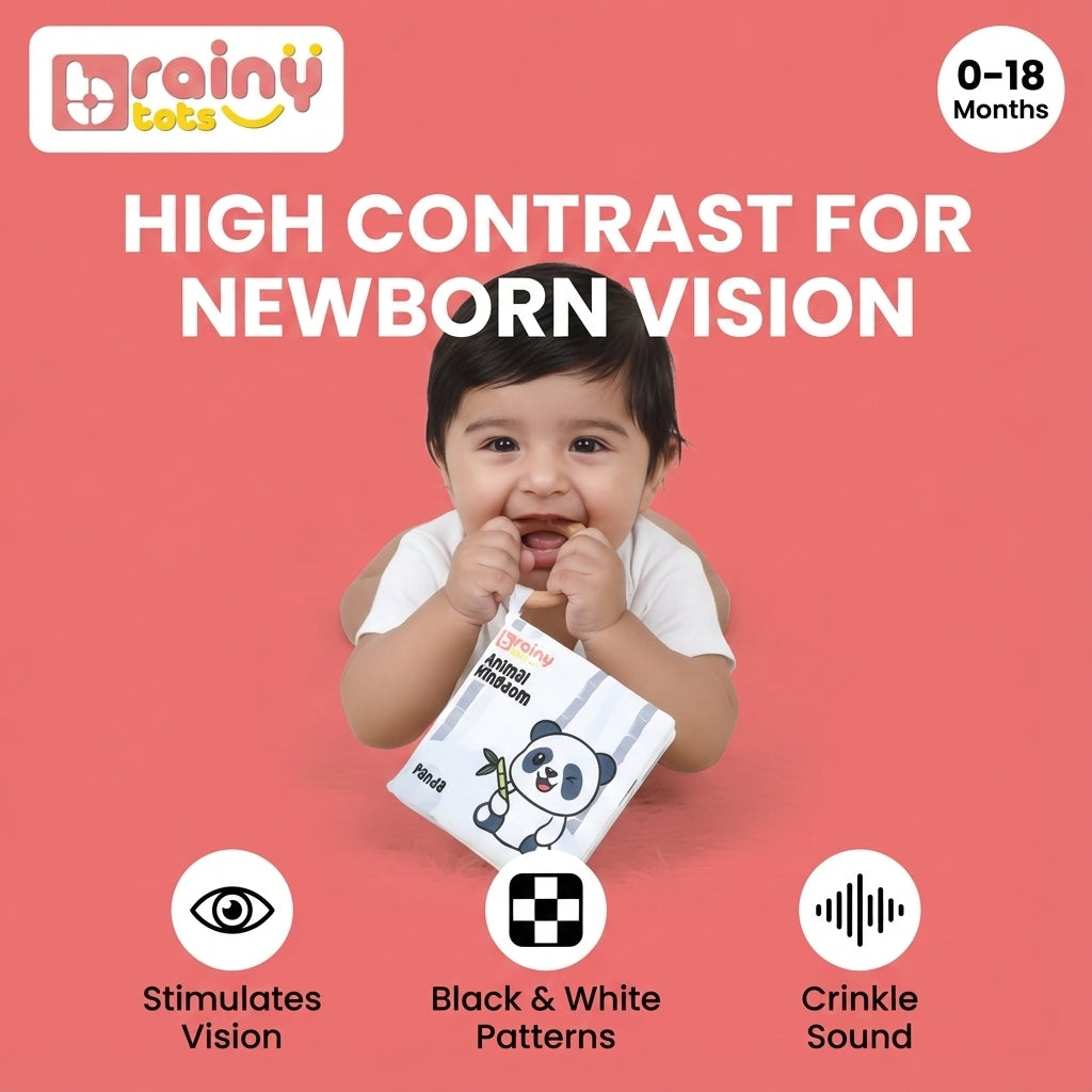Baby exploring the BrainyTots High Contrast Jungle Cloth Book from the Sensory Storytime Kit, supporting visual development, sensory stimulation, black-and-white pattern recognition, and early learning for babies 0–18 months.