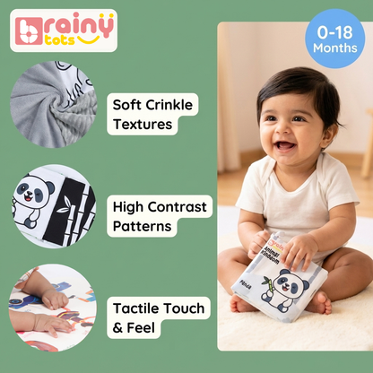 Baby exploring the BrainyTots High Contrast Jungle Cloth Book from the Sensory Storytime Kit, featuring soft crinkle textures, high-contrast patterns, and tactile touch-and-feel activities that support sensory development and visual learning for babies 0–18 months.