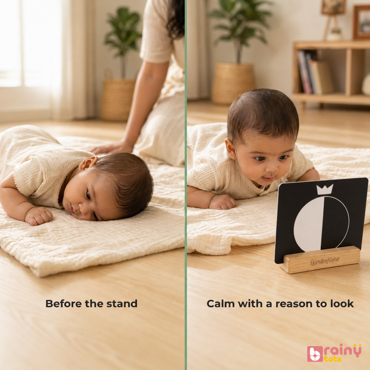 Baby using the BrainyTots high-contrast flashcard stand during tummy time, encouraging visual tracking, focus, neck strength, and early sensory development for newborns 0–6 months.