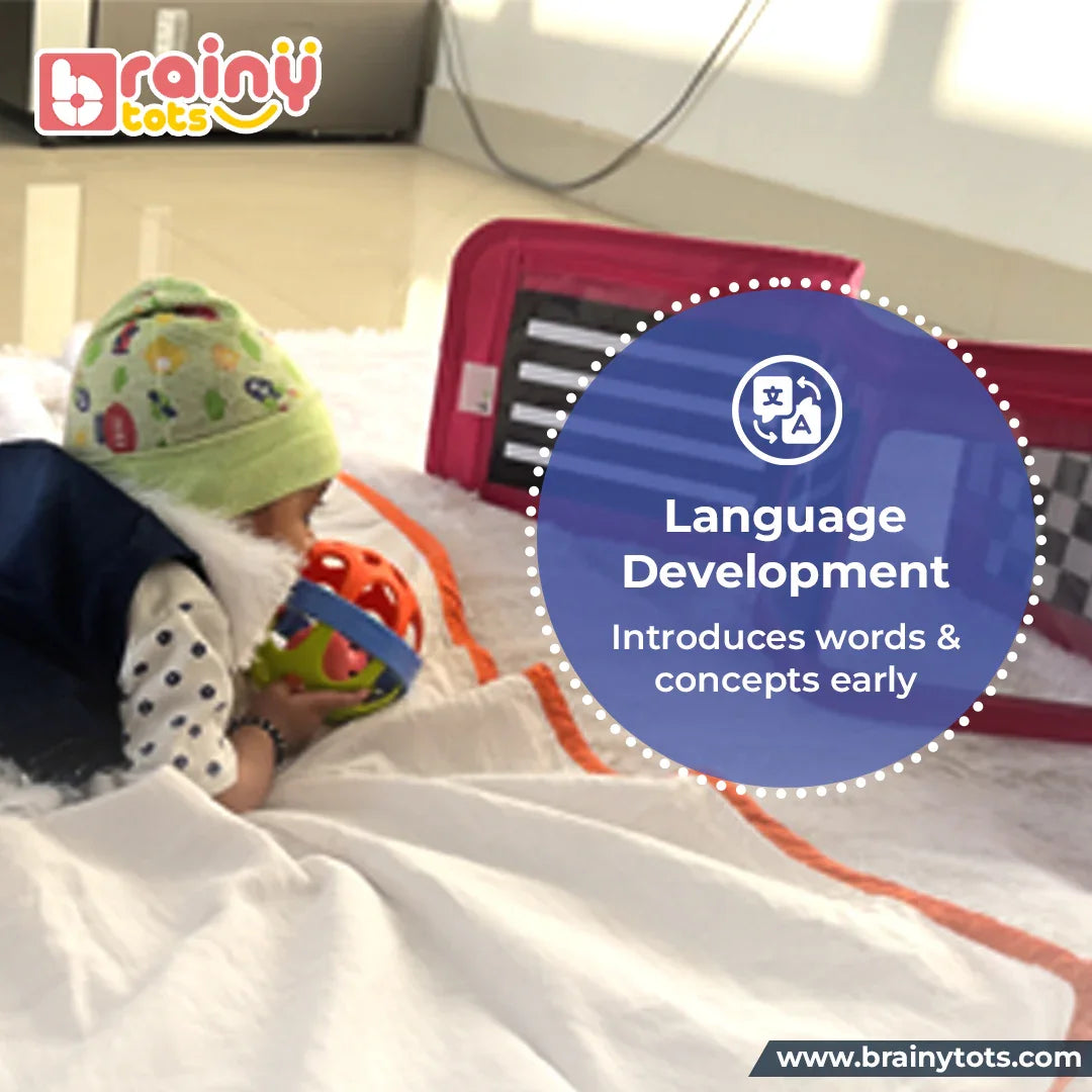 Baby using the BrainyTots Flash Cards Kit of 8 Sets with high-contrast learning flashcards that introduce first words, everyday concepts, and visual recognition to support early language development for babies aged 0–24 months.