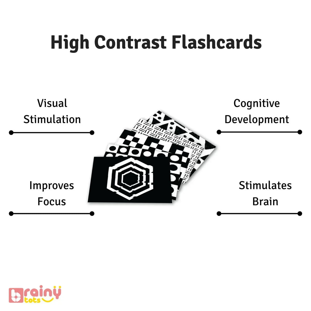 High contrast flashcards highlighting visual stimulation, focus, cognitive development, and brain engagement. 