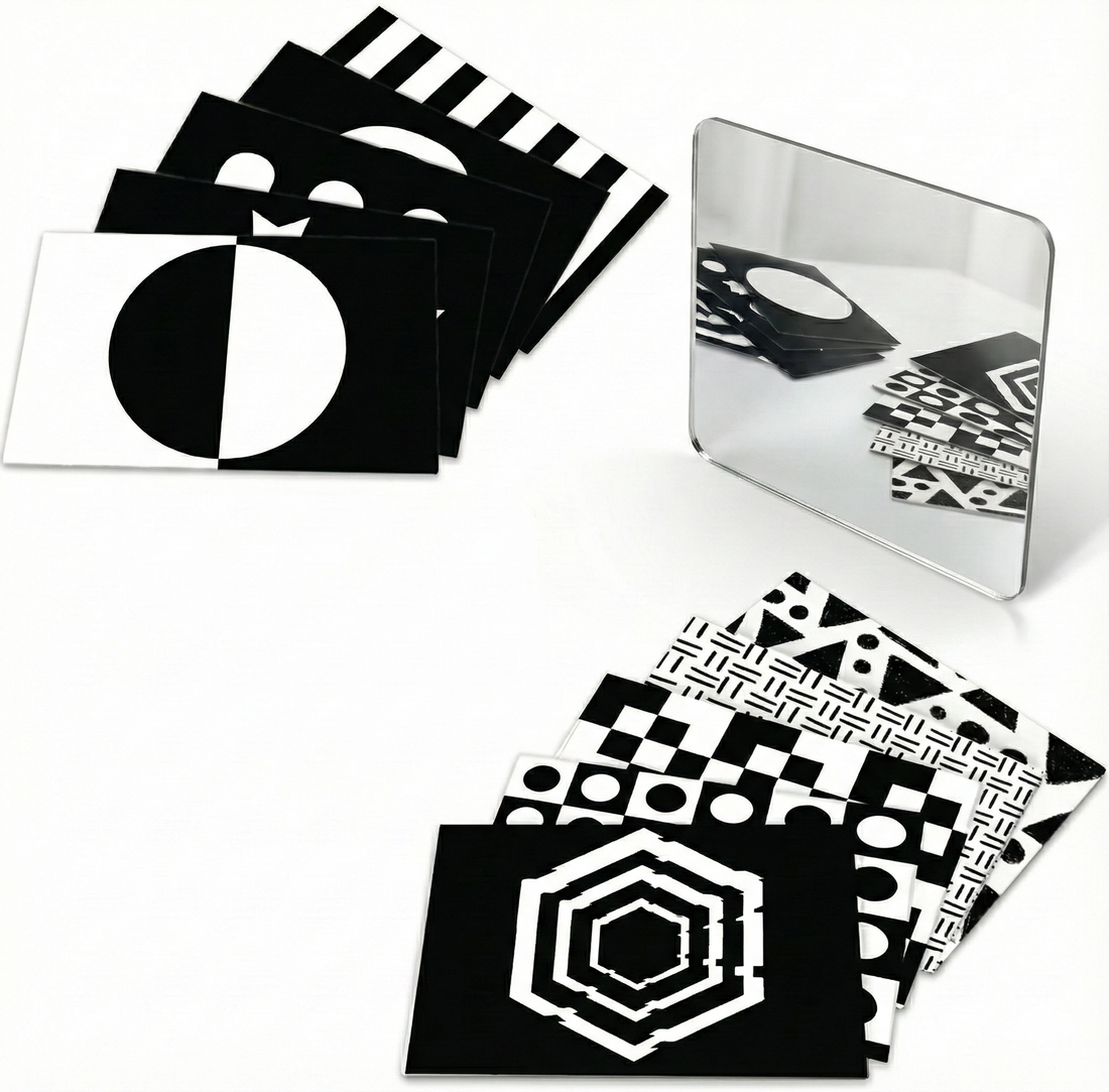BrainyTots high contrast black and white flashcards with a baby-safe mirror for newborn visual play.