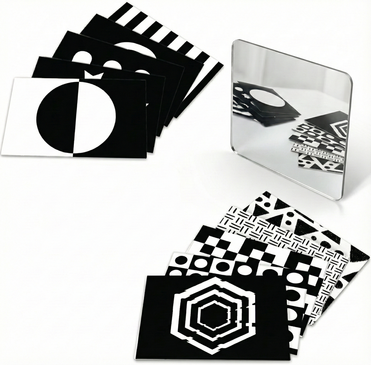 BrainyTots high contrast black and white flashcards with a baby-safe mirror for newborn visual play.