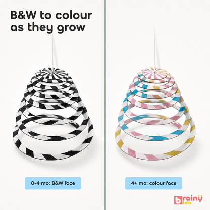 BrainyTots reversible spiral hanging mobile with black-and-white patterns for newborn visual stimulation and colorful patterns for babies 4+ months, supporting visual tracking and sensory development.