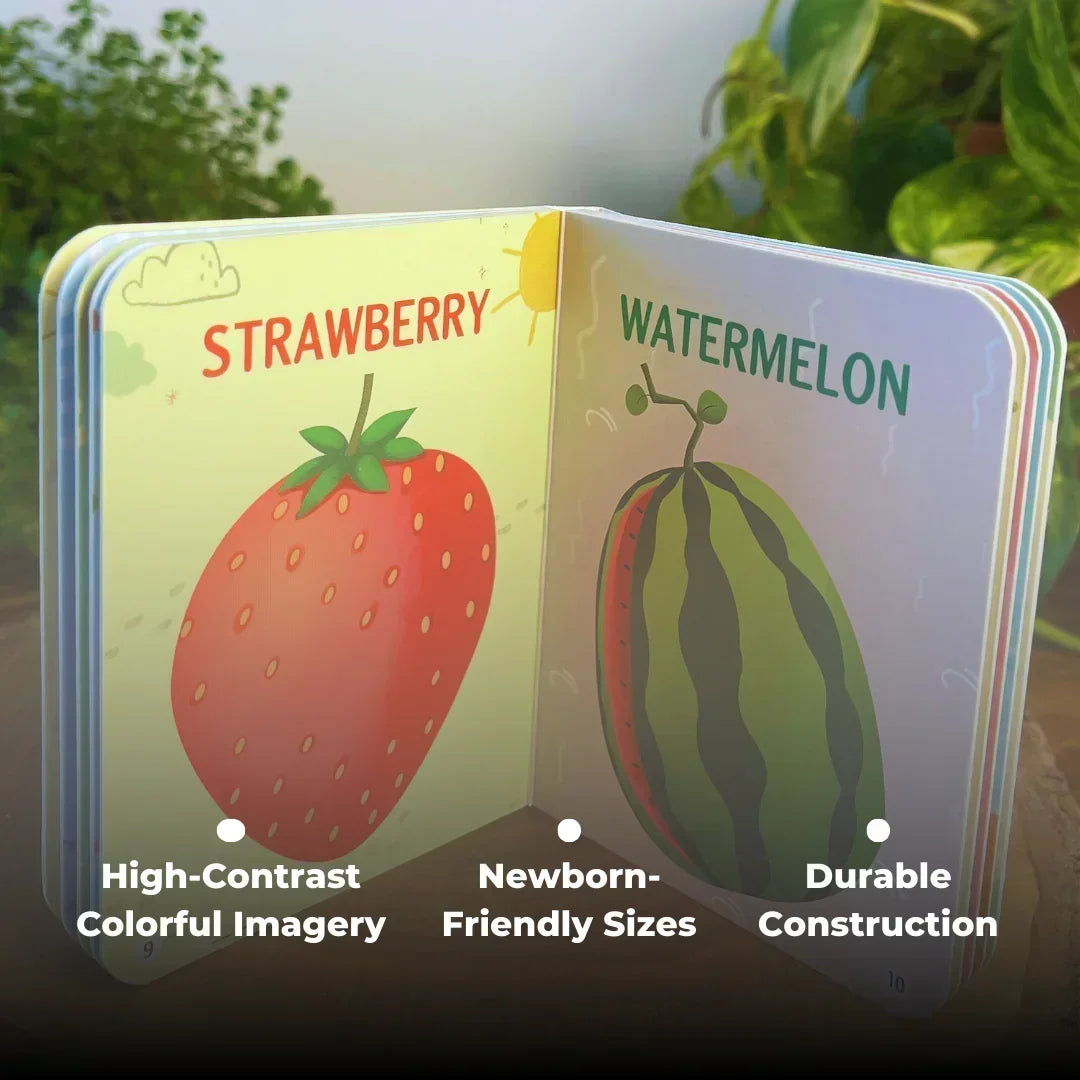 BrainyTots Baby's First Books Set featuring durable board book pages with colorful fruit illustrations, designed to support early vocabulary, visual development, and independent learning for babies 3+ months.
