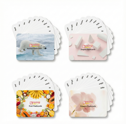 BrainyTots Flash Cards Kit featuring Animal, Shapes, Fruit, and Flower flashcards designed to build vocabulary, visual recognition, early learning, and cognitive development for babies aged 0–24 months.