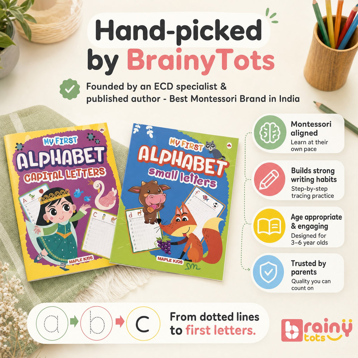 BrainyTots Capital and Small Letter tracing workbook set presented as a screen-free handwriting learning resource for ages 3–6.