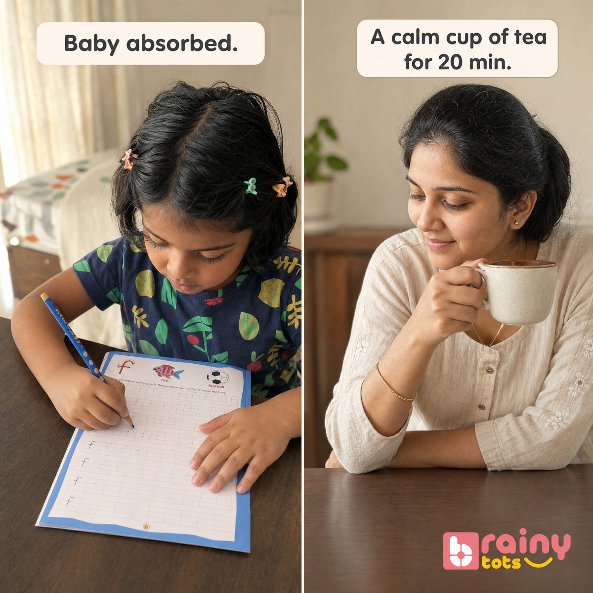 Parent guiding a child through letter tracing and handwriting practice in the BrainyTots alphabet workbook.