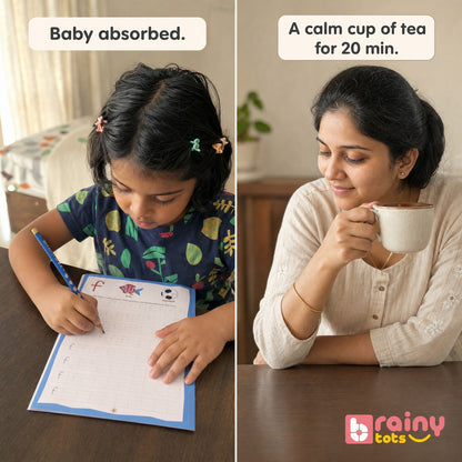 Parent guiding a child through letter tracing and handwriting practice in the BrainyTots alphabet workbook.