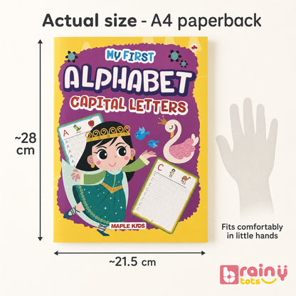 BrainyTots alphabet tracing workbook showing its product dimensions alongside the two-book set.
