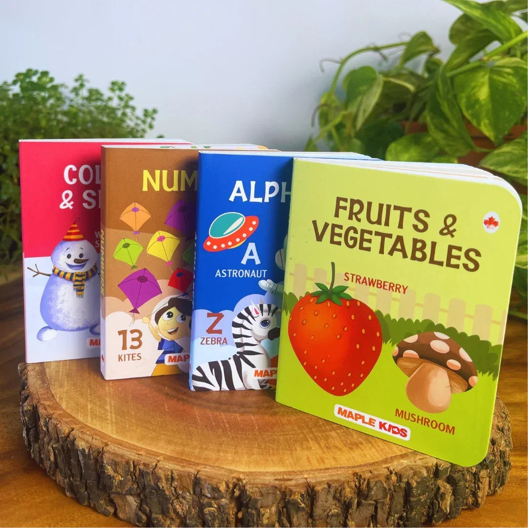 BrainyTots board book set featuring Colours and Shapes, Numbers, Alphabets, and Fruits and Vegetables books for babies.