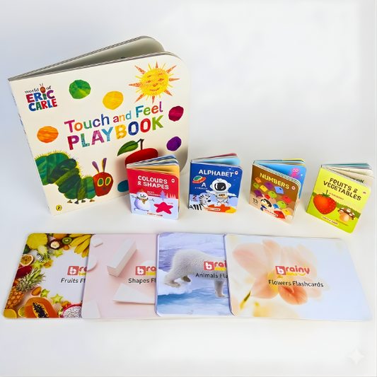 BrainyTots Mega Reader Combo with Touch and Feel Playbook, board books, and animal, fruit, flower, and shape flashcards.