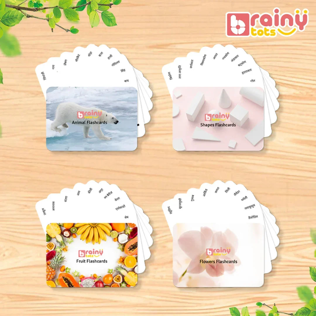 BrainyTots Mega Reader flashcard sets featuring Animals, Shapes, Fruits, and Flowers with bilingual labels.