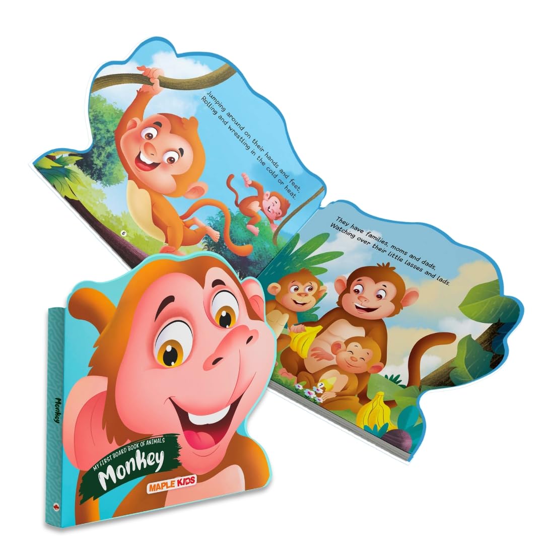 BrainyTots Monkey Animal Board Book with colorful cover and illustrated story pages, designed to build first words, vocabulary, animal recognition, and early reading skills for babies 4–48 months.