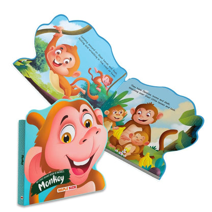 BrainyTots Monkey Animal Board Book with colorful cover and illustrated story pages, designed to build first words, vocabulary, animal recognition, and early reading skills for babies 4–48 months.
