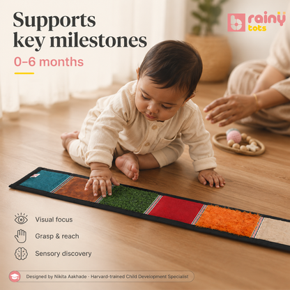 BrainyTots Montessori baby development kit supporting visual tracking, grasping, sensory exploration, and early cause-and-effect play from 0–6 months.
